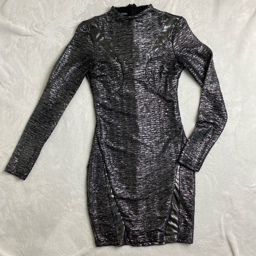 Bebe Addition collection body con party dress with scrunch, metallic detailing.